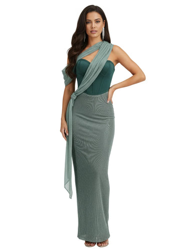 Woman wearing a green dress on a white background